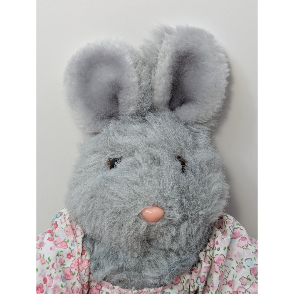 Easter Pets Grey Bunny Plush Stuffed Animal Pink Floral Dress vintage - Picture 2 of 9